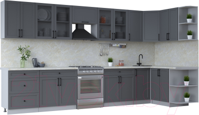 Кухонный гарнитур Интерлиния Тренд 1.5x3.8 правая (пепел/пепел/опал светлый) - фото