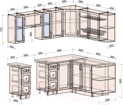 Кухонный гарнитур Интерлиния Тренд 1.7x2.2 правая (луна/белый/серый каспий)