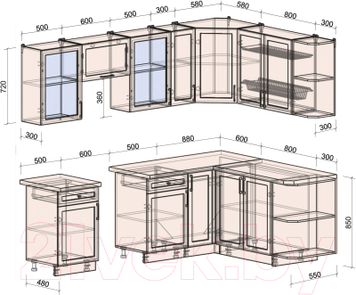 Кухонный гарнитур Интерлиния Тренд 1.7x2.5 правая (луна/луна/бискайская сосна)