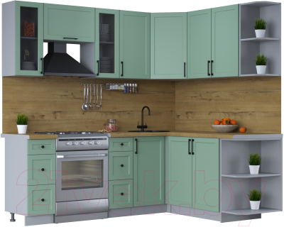 Кухонный гарнитур Интерлиния Тренд 1.7x2.2 правая (мята/мята/дуб бунратти) - фото