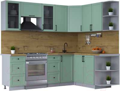 Кухонный гарнитур Интерлиния Тренд 1.7x2.4 правая (мята/мята/дуб бунратти) - фото