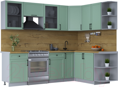 Кухонный гарнитур Интерлиния Тренд 1.7x2.5 правая (мята/мята/дуб бунратти) - фото