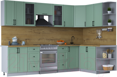 Кухонный гарнитур Интерлиния Тренд 1.7x3.0 правая (мята/мята/дуб бунратти) - фото