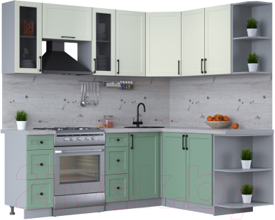 Кухонный гарнитур Интерлиния Тренд 1.7x2.2 правая (мята/белый/бискайская сосна) - фото