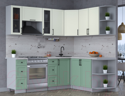 Кухонный гарнитур Интерлиния Тренд 1.7x2.2 правая (мята/белый/бискайская сосна)
