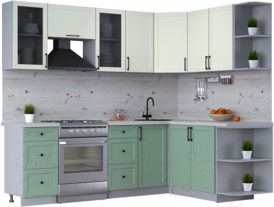 Кухонный гарнитур Интерлиния Тренд 1.7x2.4 правая (мята/белый/бискайская сосна) - фото