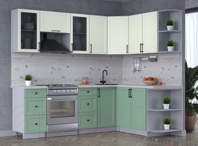 Кухонный гарнитур Интерлиния Тренд 1.7x2.4 правая (мята/белый/бискайская сосна)