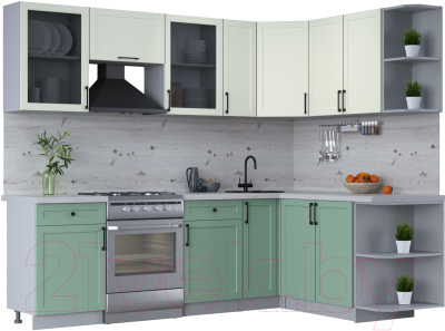Кухонный гарнитур Интерлиния Тренд 1.7x2.5 правая (мята/белый/бискайская сосна) - фото