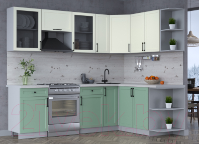 Кухонный гарнитур Интерлиния Тренд 1.7x2.5 правая (мята/белый/бискайская сосна)
