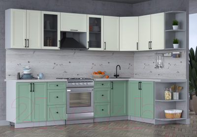 Кухонный гарнитур Интерлиния Тренд 1.7x3.0 правая (мята/белый/бискайская сосна)