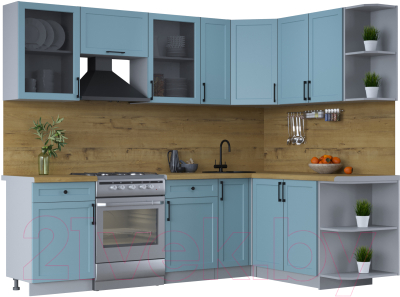 Кухонный гарнитур Интерлиния Тренд 1.7x2.5 правая (океан/океан/дуб бунратти) - фото