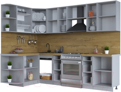 Кухонный гарнитур Интерлиния Тренд 1.5x2.7 левая (луна/белый/серый каспий)