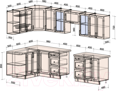 Кухонный гарнитур Интерлиния Тренд 1.5x3.0 левая (луна/белый/серый каспий)