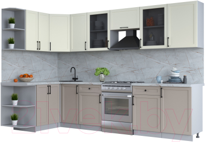 Кухонный гарнитур Интерлиния Тренд 1.5x3.1 левая (луна/белый/серый каспий) - фото