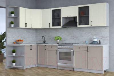 Кухонный гарнитур Интерлиния Тренд 1.5x3.1 левая (луна/белый/серый каспий)