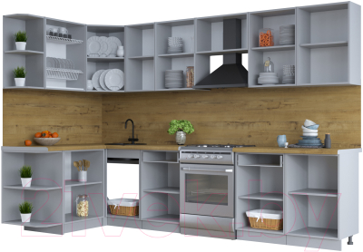 Кухонный гарнитур Интерлиния Тренд 1.5x3.1 левая (луна/белый/серый каспий)