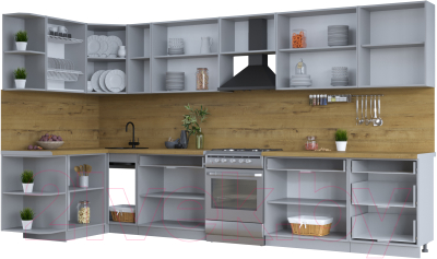 Кухонный гарнитур Интерлиния Тренд 1.5x3.7 левая (луна/белый/серый каспий)