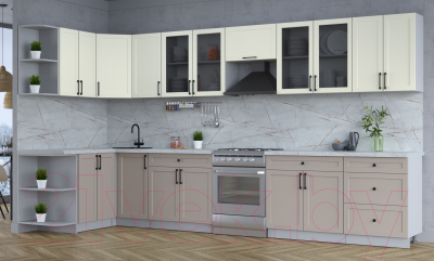 Кухонный гарнитур Интерлиния Тренд 1.5x3.8 левая (луна/белый/серый каспий)