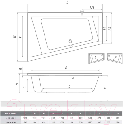 Ванна акриловая Roltechnik Kubic Asymmetric 170 R / 9690000