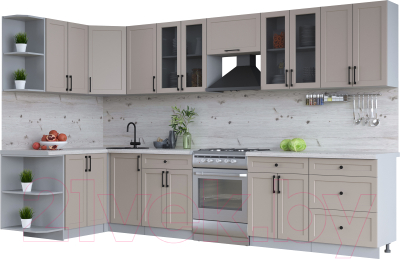 Кухонный гарнитур Интерлиния Тренд 1.5x3.4 левая (луна/луна/бискайская сосна) - фото