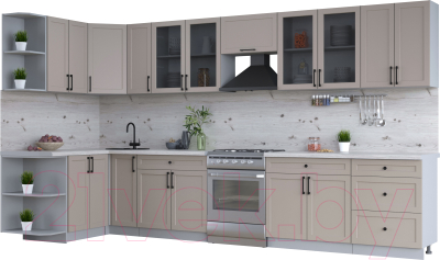 Кухонный гарнитур Интерлиния Тренд 1.5x3.7 левая (луна/луна/бискайская сосна) - фото