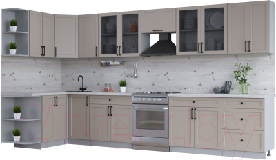 Кухонный гарнитур Интерлиния Тренд 1.5x3.8 левая (луна/луна/бискайская сосна) - фото