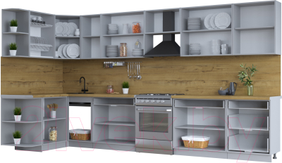 Кухонный гарнитур Интерлиния Тренд 1.5x3.8 левая (луна/луна/бискайская сосна)