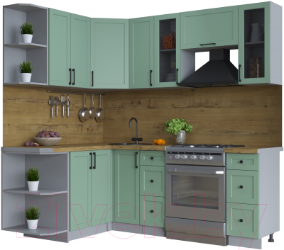 Кухонный гарнитур Интерлиния Тренд 1.5x2.1 левая (мята/мята/дуб бунратти) - фото