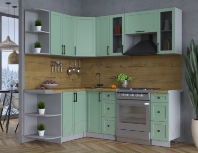 Кухонный гарнитур Интерлиния Тренд 1.5x2.1 левая (мята/мята/дуб бунратти)