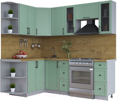 Кухонный гарнитур Интерлиния Тренд 1.5x2.2 левая (мята/мята/дуб бунратти) - фото