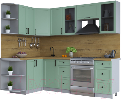 Кухонный гарнитур Интерлиния Тренд 1.5x2.4 левая (мята/мята/дуб бунратти) - фото