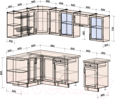 Кухонный гарнитур Интерлиния Тренд 1.5x2.6 левая (мята/мята/дуб бунратти)