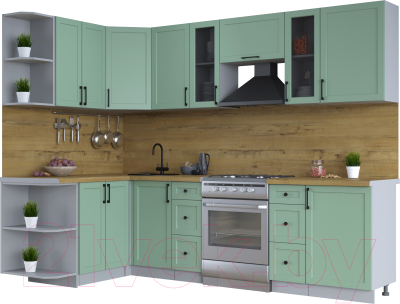 Кухонный гарнитур Интерлиния Тренд 1.5x2.7 левая (мята/мята/дуб бунратти) - фото