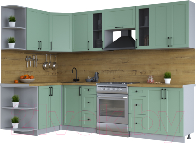 Кухонный гарнитур Интерлиния Тренд 1.5x2.8 левая (мята/мята/дуб бунратти) - фото