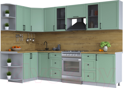 Кухонный гарнитур Интерлиния Тренд 1.5x2.9 левая (мята/мята/дуб бунратти) - фото