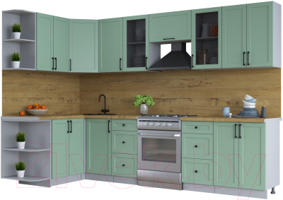Кухонный гарнитур Интерлиния Тренд 1.5x3.0 левая (мята/мята/дуб бунратти) - фото