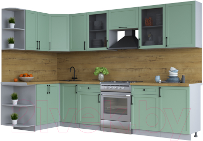 Кухонный гарнитур Интерлиния Тренд 1.5x3.1 левая (мята/мята/дуб бунратти) - фото