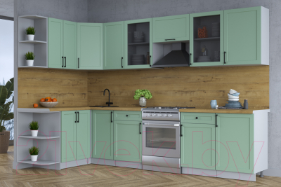 Кухонный гарнитур Интерлиния Тренд 1.5x3.1 левая (мята/мята/дуб бунратти)