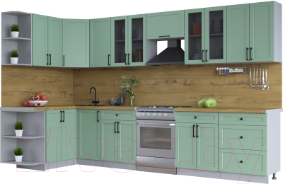 Кухонный гарнитур Интерлиния Тренд 1.5x3.4 левая (мята/мята/дуб бунратти) - фото