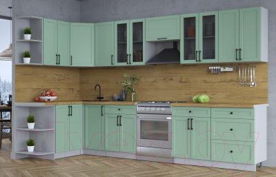 Кухонный гарнитур Интерлиния Тренд 1.5x3.4 левая (мята/мята/дуб бунратти)