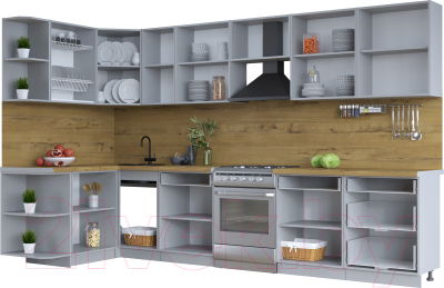 Кухонный гарнитур Интерлиния Тренд 1.5x3.4 левая (мята/мята/дуб бунратти)