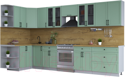 Кухонный гарнитур Интерлиния Тренд 1.5x3.6 левая (мята/мята/дуб бунратти) - фото