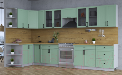 Кухонный гарнитур Интерлиния Тренд 1.5x3.7 левая (мята/мята/дуб бунратти)