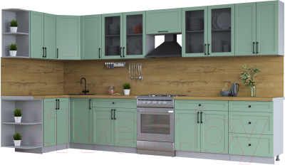 Кухонный гарнитур Интерлиния Тренд 1.5x3.8 левая (мята/мята/дуб бунратти) - фото