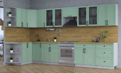 Кухонный гарнитур Интерлиния Тренд 1.5x3.8 левая (мята/мята/дуб бунратти)