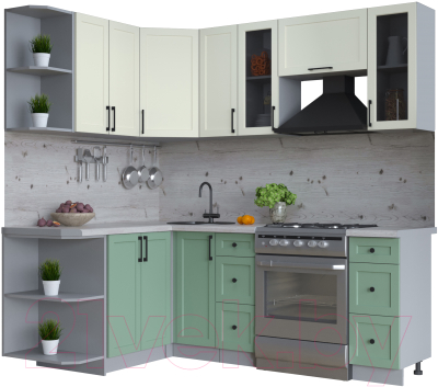 Кухонный гарнитур Интерлиния Тренд 1.5x2.1 левая (мята/белый/бискайская сосна) - фото