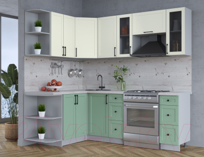 Кухонный гарнитур Интерлиния Тренд 1.5x2.2 левая (мята/белый/бискайская сосна)