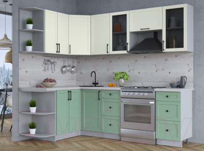 Кухонный гарнитур Интерлиния Тренд 1.5x2.4 левая (мята/белый/бискайская сосна)