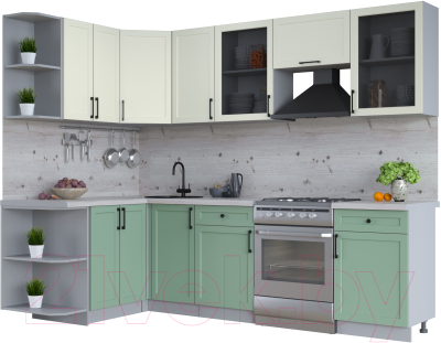 Кухонный гарнитур Интерлиния Тренд 1.5x2.6 левая (мята/белый/бискайская сосна) - фото