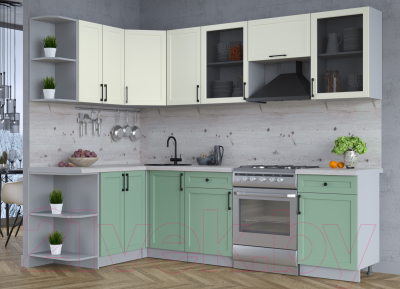 Кухонный гарнитур Интерлиния Тренд 1.5x2.6 левая (мята/белый/бискайская сосна)